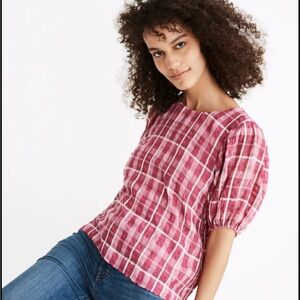 Madewell Pink Plaid Blouse with Puff Sleeves